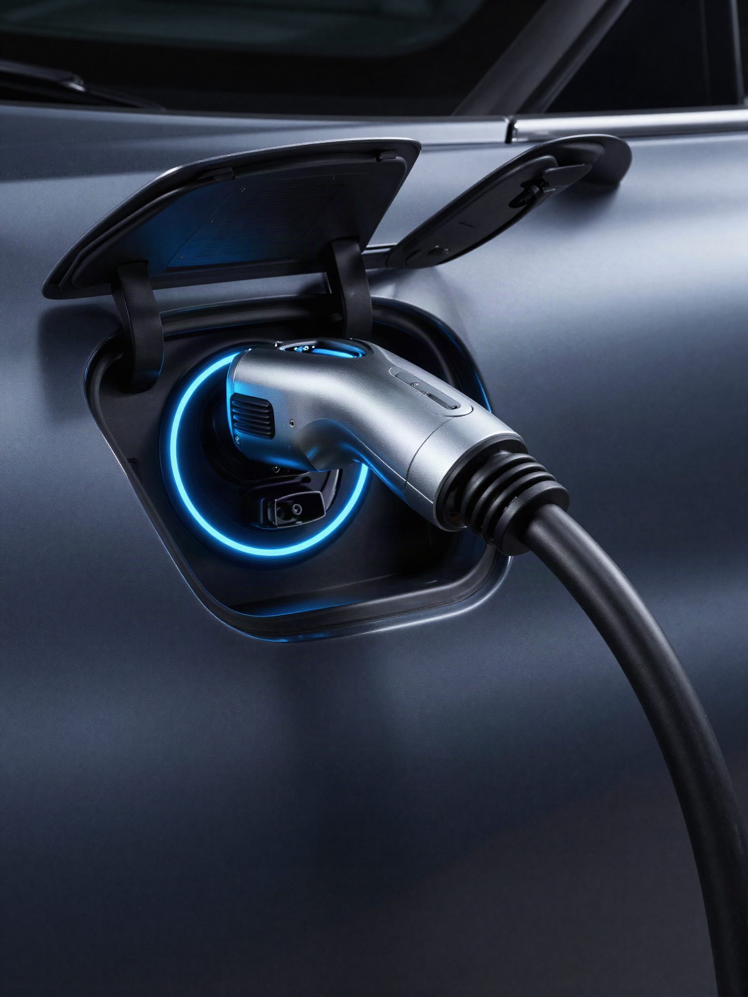 Conector de recarga encaixado na porta de um carro elétrico, com anel de luz azul